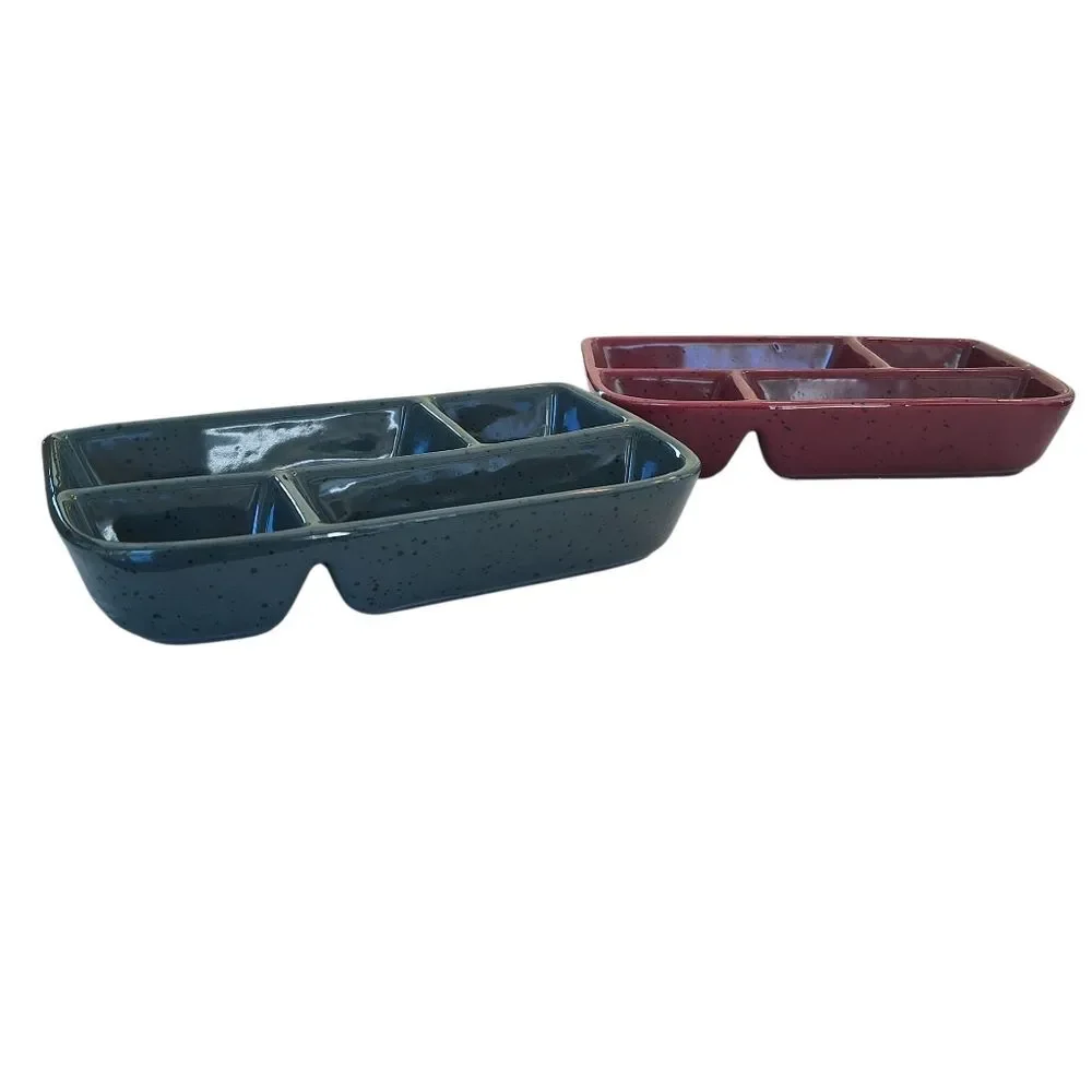 TWO Glazed Stoneware Trays with Four Compartments Sushi Condiments Divided Plate